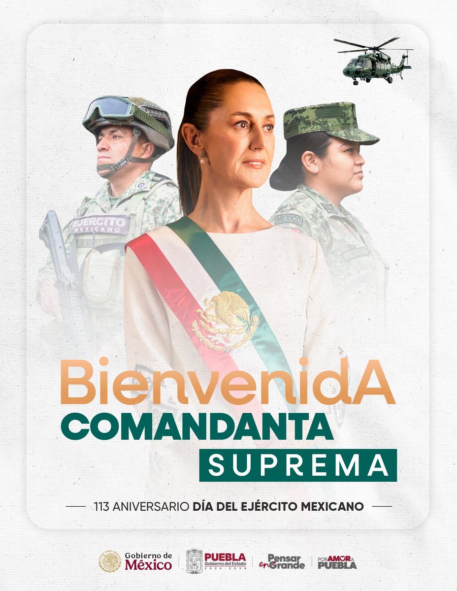 🇲🇽¡Recibimos con orgullo a la #ComandantASupremA de las Fuerzas Armadas de México!

La visita de la presidentA <a href="/Claudiashein/">Claudia Sheinbaum Pardo</a> fortalece el impulso del gobernador <a href="/armentapuebla_/">Alejandro Armenta</a> con la coordinación institucional y reafirma el compromiso por la seguridad de las familias poblanas.