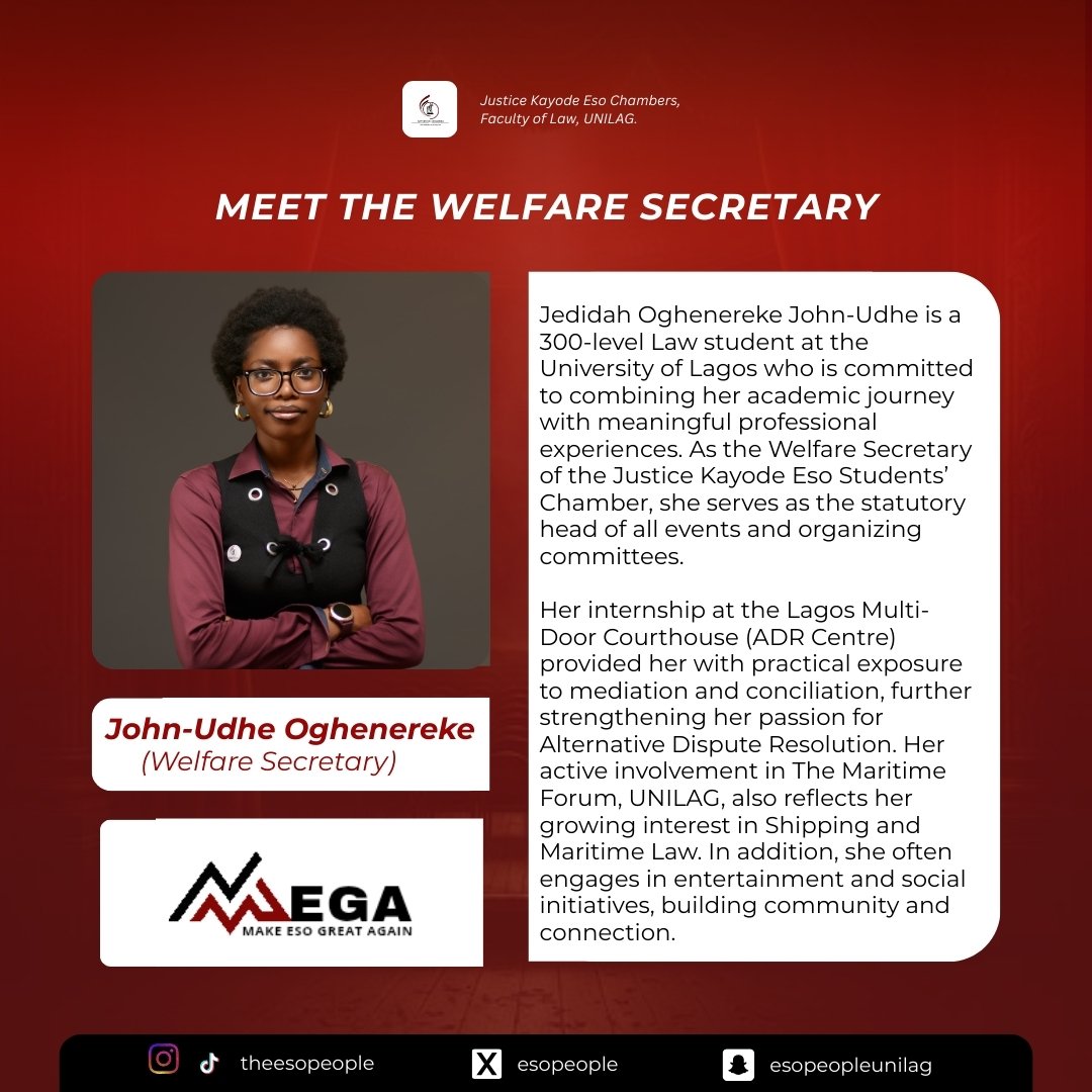 THE HEARTBEAT OF THE CHAMBER.

From mediation tables to planning committees, she shows that growth needs both empathy and structure.
For her, welfare is beyond coordination, it is community.

Meet John-Udhe Oghenereke, the Welfare Secretary.

THE MEGA TEAM.