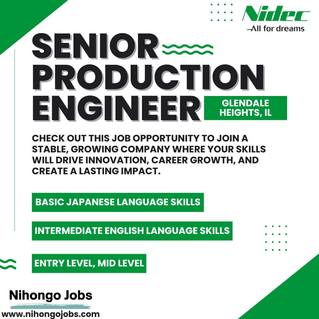 Have 1-4 yrs' in production equipment development and a bachelor's in mechanical engineering?

Basic #Japanese &amp; intermediate English skills requested for this full-time Senior Production Engineer role in Chicago!

nihongojobs.com/job/nidec-driv…