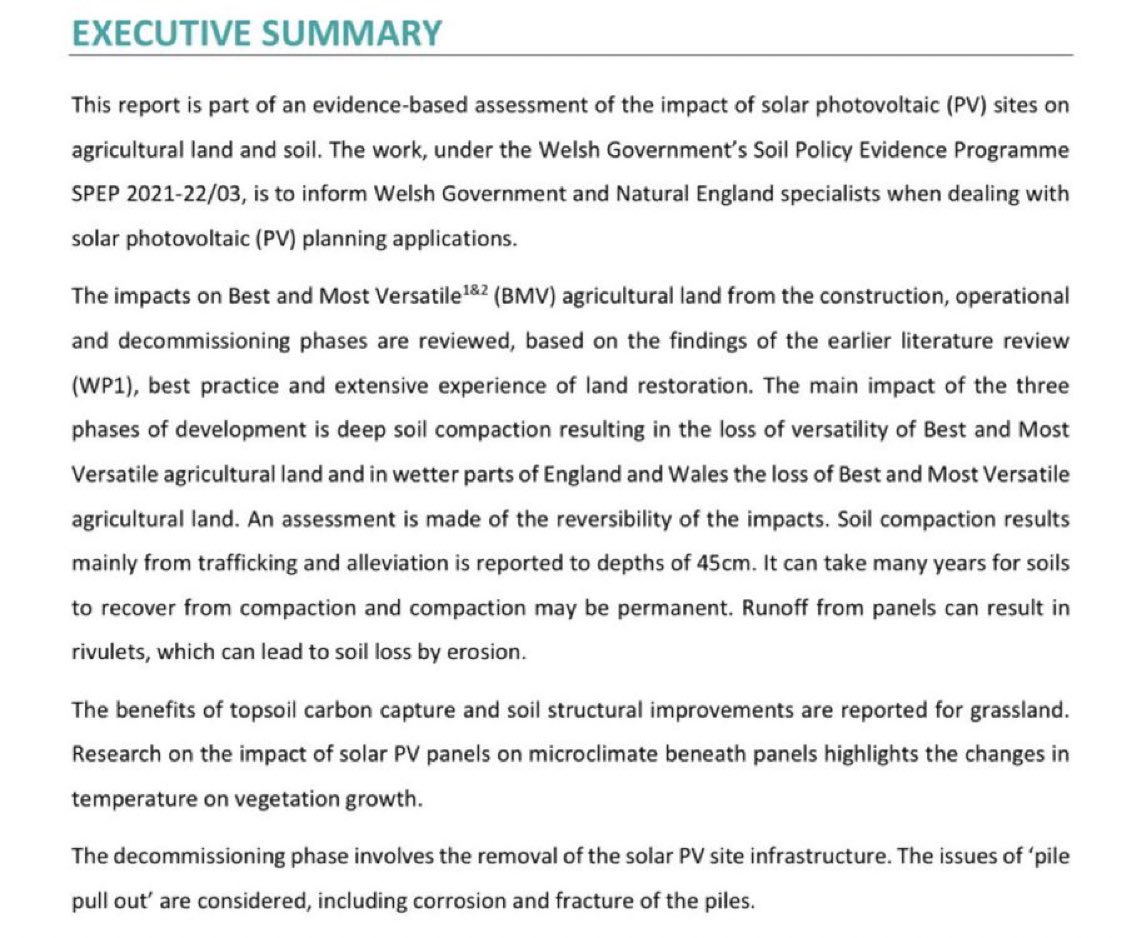 NoFarmsNoFoods's tweet photo. Mass-scale solar panels on prime farmland soil: Impact assessment report (Welsh government in 2023):

“It can take many years for soils to recover from compaction and compaction may be permanent. Runoff from panels can result in rivulets, which can lead to soil loss by erosion.” https://t.co/hOvV9xfnqj