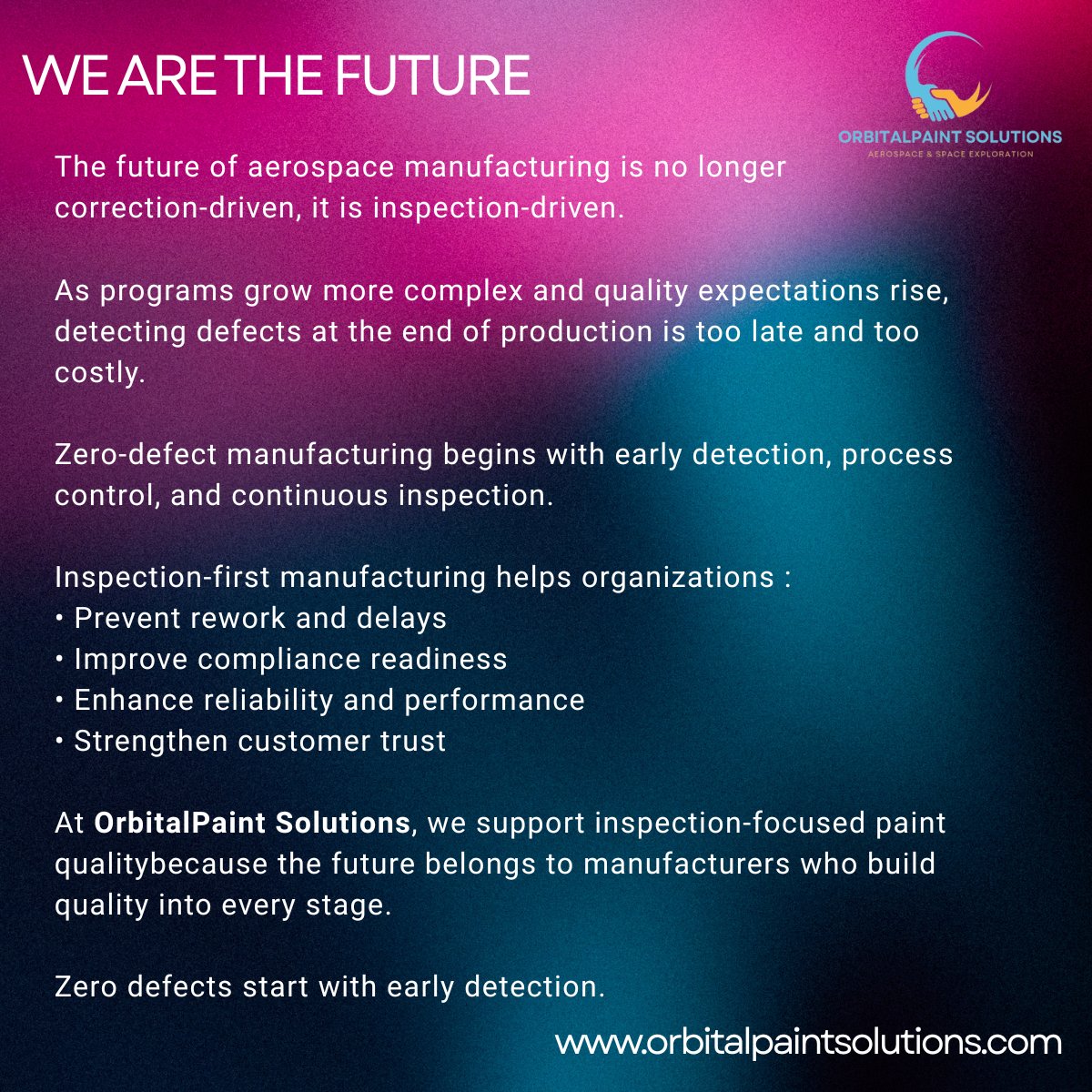 OrbitalPaint's tweet photo. The future of aerospace manufacturing is inspection‑driven, not correction‑driven.

Zero defects start with early detection.

#FutureOfManufacturing #ZeroDefect #OrbitalPaintSolutions https://t.co/qfWzHYbNAv