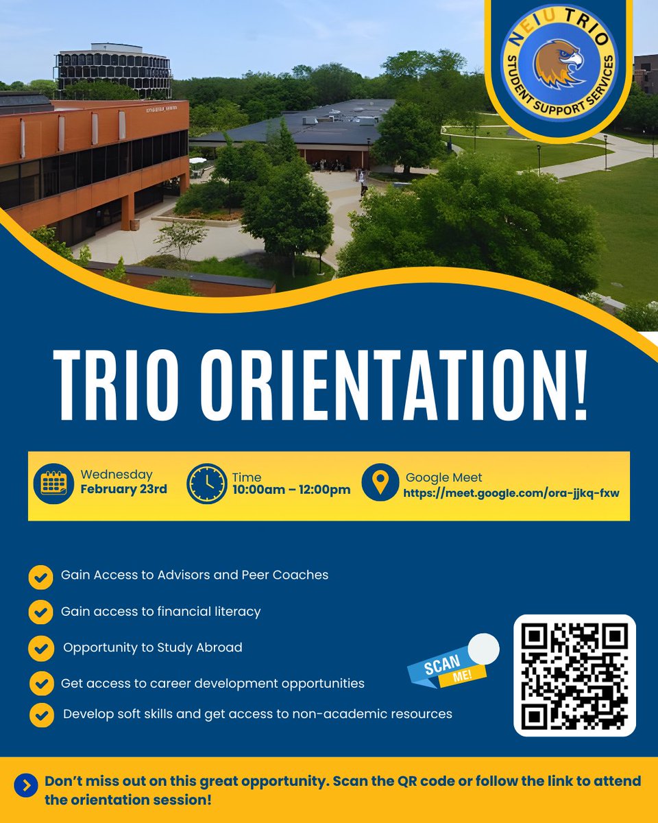 NEIUTRIO's tweet image. Join our New Member Orientation on Feb. 23rd!

Learn about TRIO programs, resources, and opportunities, plus access to advising, financial literacy, study abroad, and career support.

Attend one session to get started!
🌟 Sign up here: meet.google.com/ora-jjkq-fxw
#TRIOSSS #NEIU