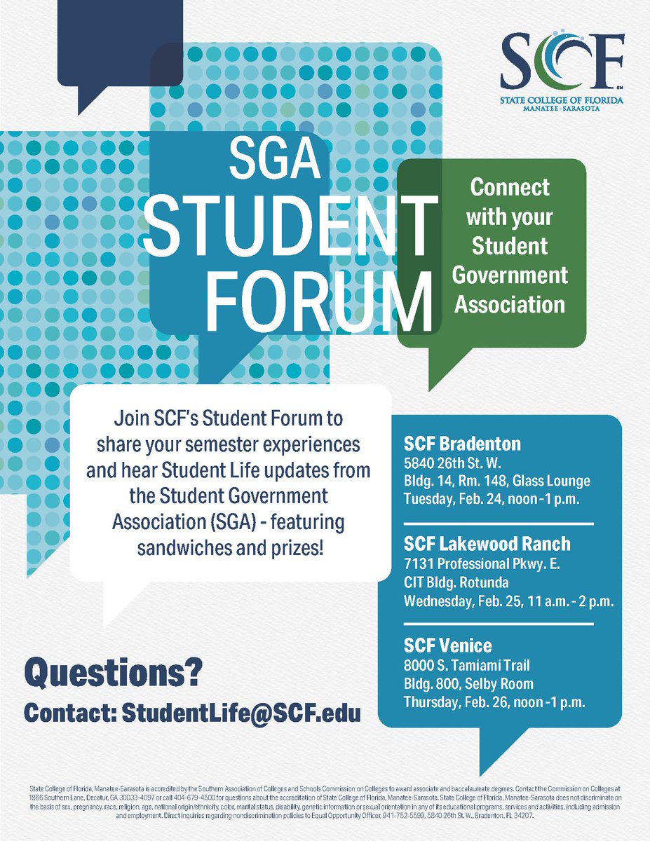 Have thoughts about your semester? 📣
Join SCF’s Student Forum to share your experiences, hear Student Life updates from SGA, enjoy sandwiches, and grab prizes!

Your voice matters. See you there!
#SCF #StudentForum #SGA #SCFProud #SCFStudentLife