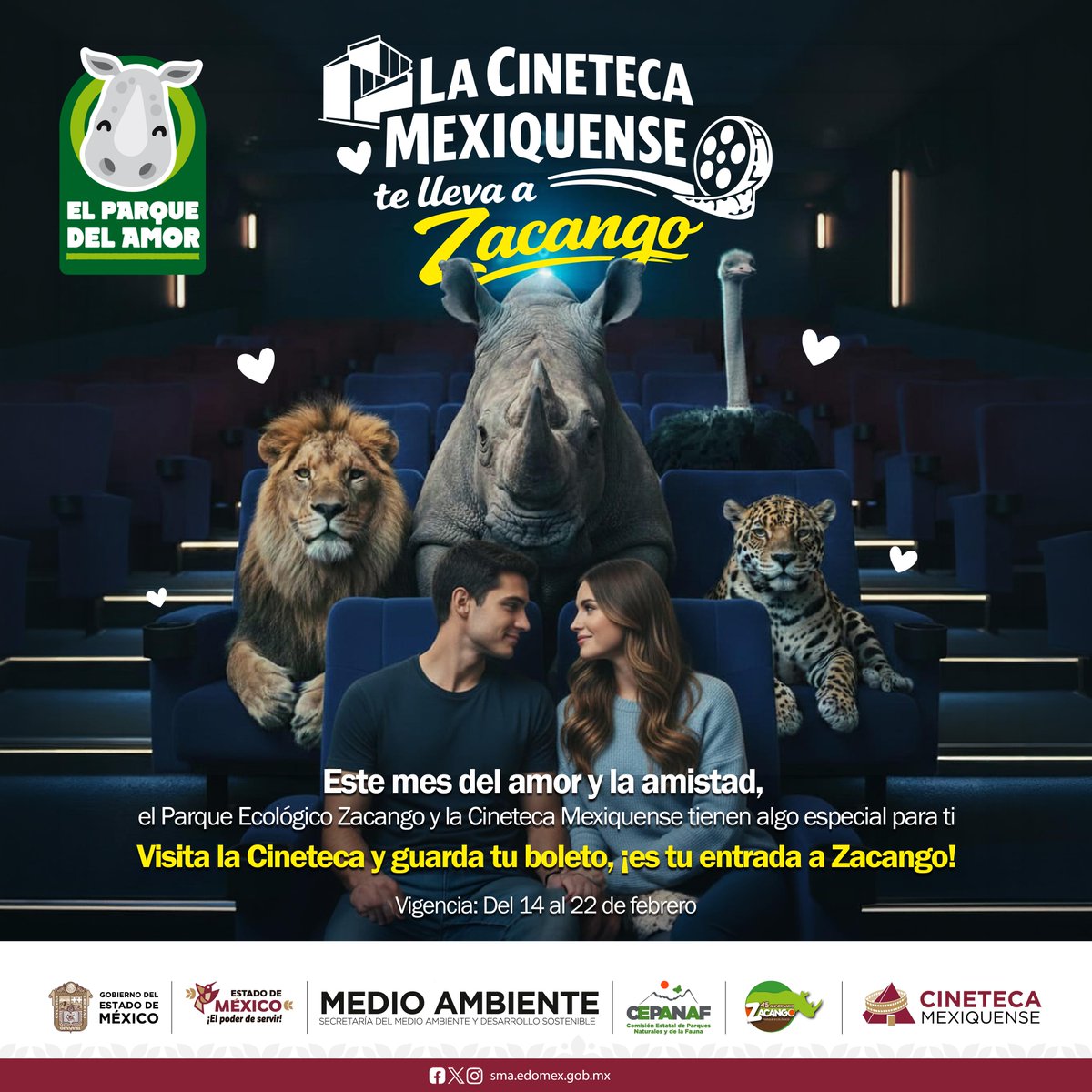 AmbienteEdomex's tweet photo. #ElPoderDeServir I Disfruta del cine de arte en la Cineteca Mexiquense y, presentando tu entrada, accede al Parque Ecológico Zacango, el #ParqueDelAmor❤️. Tienes hasta el 22 de febrero para vivir este combo cultural y natural en compañía de tus seres queridos.
#MedioAmbiente https://t.co/ePfy6zLcvh