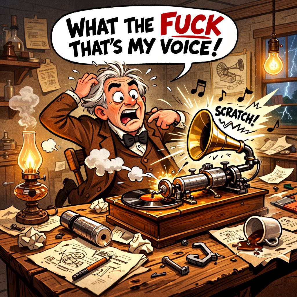 DailySickMoment's tweet photo. 148 years ago today on February 19, 1878.

Humans recorded sound for the first time.

Imagine hearing your own voice played back in 1878…

Thomas Edison probably said:
“What the fuck was that?”

That was sick. https://t.co/pczhgcWuRI
