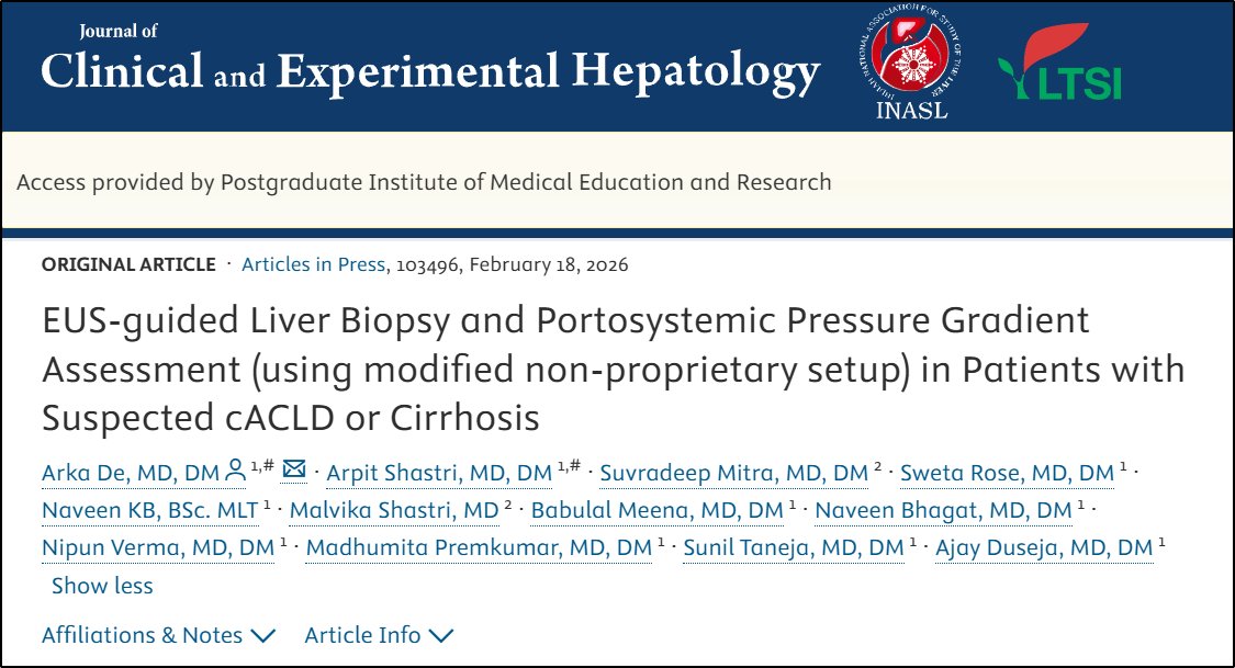 ARPITSHASTRI_78's tweet photo. Pleased to share our 3-year experience with "EUS-guided Liver Biopsy and PPG Assessment (using modified non-proprietary setup) in suspected cACLD or Cirrhosis" from @HepatologyPGI #PGIMER alongside @doc_arka 
⭐Safe and feasible
⭐Effective
⭐One stop endoscopic assessment for portal HTN and liver disease

@ajay_duseja @drsuniltaneja @docMPK @drnipunverma @naveendandia @drbabupgi @ShastriMalvika