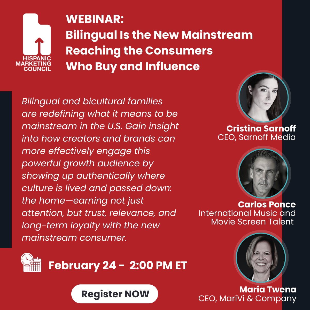 hmchispanic's tweet image. Join us on February 24th for a deep dive into the media habits of the consumers who buy and influence. Learn where shifts are happening and how to earn time with the new mainstream. Register now: us02web.zoom.us/webinar/regist…

#Webinar #BilingualMainstream #ConsumerInsights