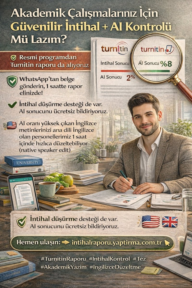 BillGates_Web's tweet photo. Akademik çalışmalarınız için güvenilir intihal + AI kontrolü mü lazım? 

Resmi programdan Turnitin raporu alıyoruz!

WhatsApp'tan belge gönderin, 1 saatte rapor elinizde!

İntihal düşürme desteği de var. AI sonucunu ücretsiz bildiriyoruz.  

Aİ oranı yüksek çıkan İngilizce metinlerinizi ana dili İngilizce olan personellerimiz 1 saat içinde hızlıca düzeltebiliyor (native speaker edit).  

Hemen ulaşın: https://t.co/4Wp9iP80LZ 

#TurnitinRaporu #IntihalKontrol #Tez #AkademikYazım #IngilizceDuzeltme #aihumanize #Ödev