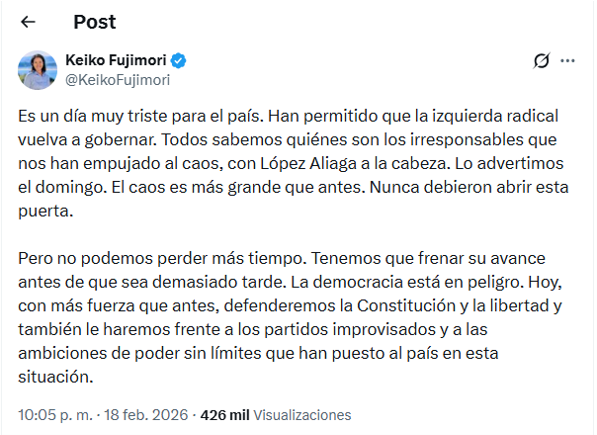 “Han permitido que la izquierda radical vuelva a gobernar." Dice Keiko, la que gobierna el congreso con un miembro de la “izquierda radical”.

Rospulgoso  López Aliaga Vladimir Cerrón Conchuda Fujimoristas Vitocho Palacio de Gobierno Betsy Pacto Mafioso Mesa Directiva Vanya