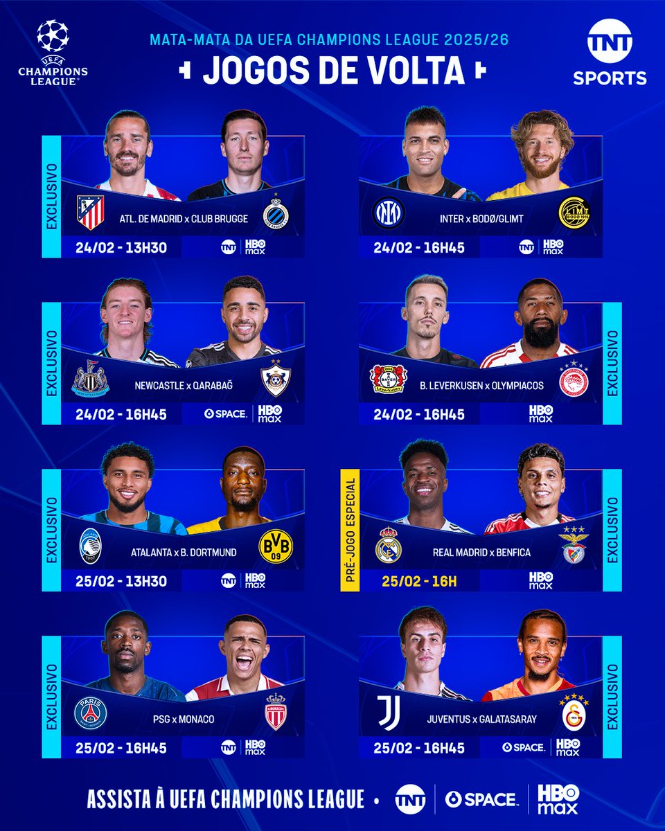 VAI SER DEMAIS! 🤩🏆 Os jogos de volta do mata-mata da #CasaDaChampions vêm aí e você não pode perder! Quem avança para as oitavas? Quem fica pelo caminho? Você assiste a TODOS OS JOGOS AO VIVO na <a href="/tntbr/">TNT™ Brasil</a>, no <a href="/spacebrasil/">Space Brasil</a> e na <a href="/streammaxbr/">HBO Max Brasil</a> (bit.ly/4ojz64N)! #MFM #PréJogo