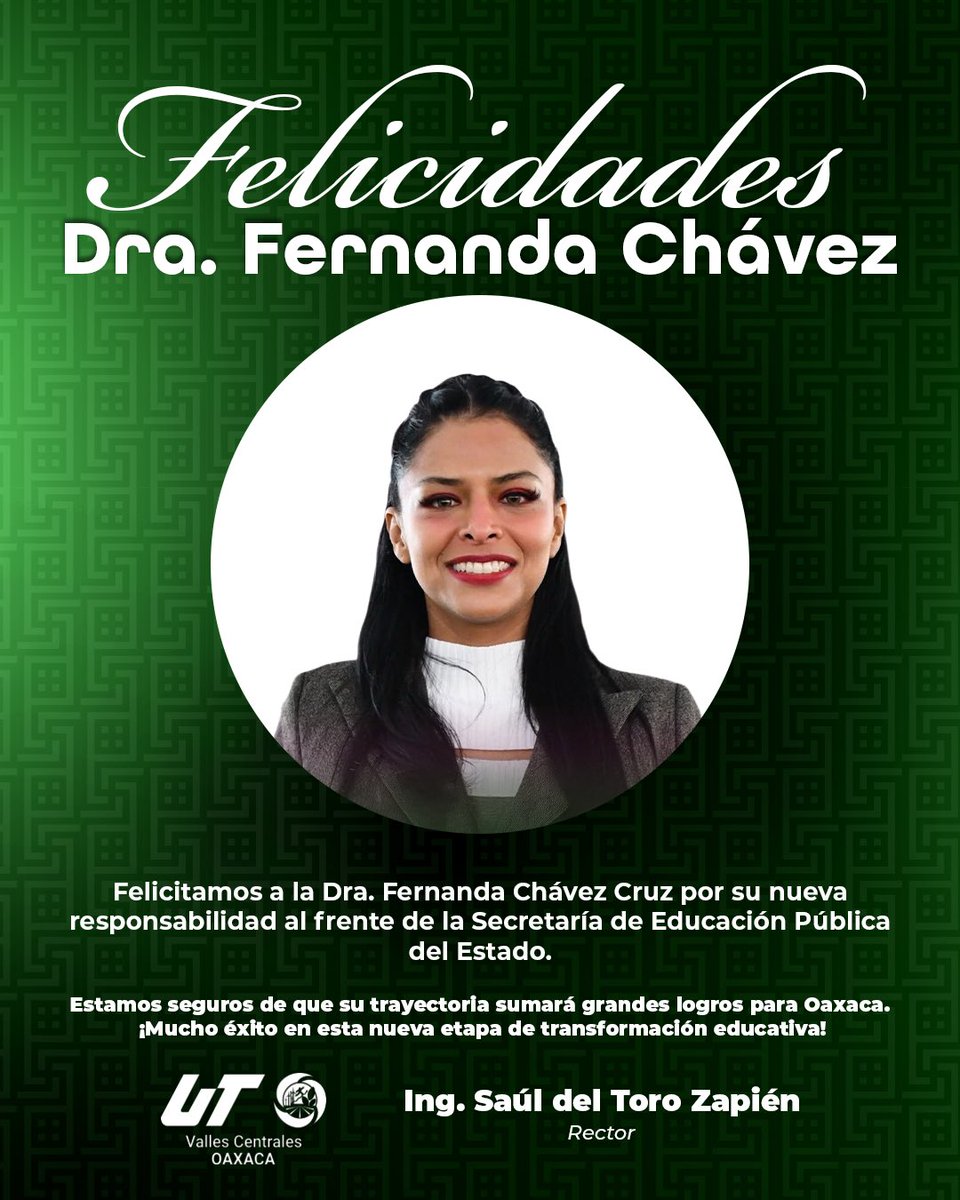 Con entusiasmo reconocemos una nueva etapa para la educación en Oaxaca.

Felicitamos a la Dra. Fernanda Chávez Cruz por asumir la responsabilidad al frente de la Secretaría de Educación Pública del Estado.

¡Le deseamos el mayor de los éxitos en esta encomienda! 📚✨