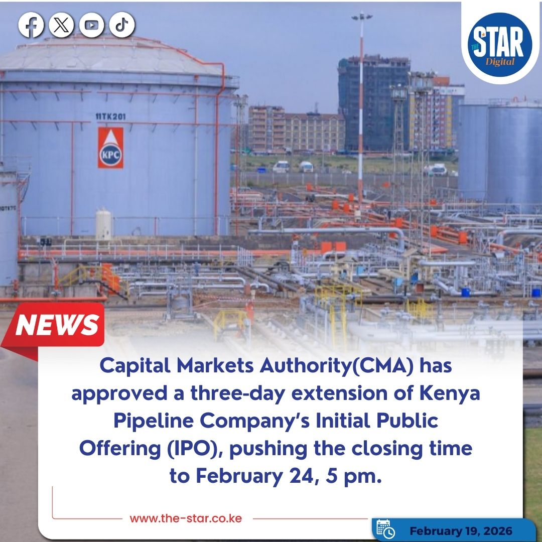 The Kenya Pipeline Company’s (KPC) Initial Public Offering (IPO) originally scheduled to close today at 5 pm will now remain open until February 24, 2026, at 5 pm. All other terms and conditions of the offer remain unchanged. 
#starkenyanews