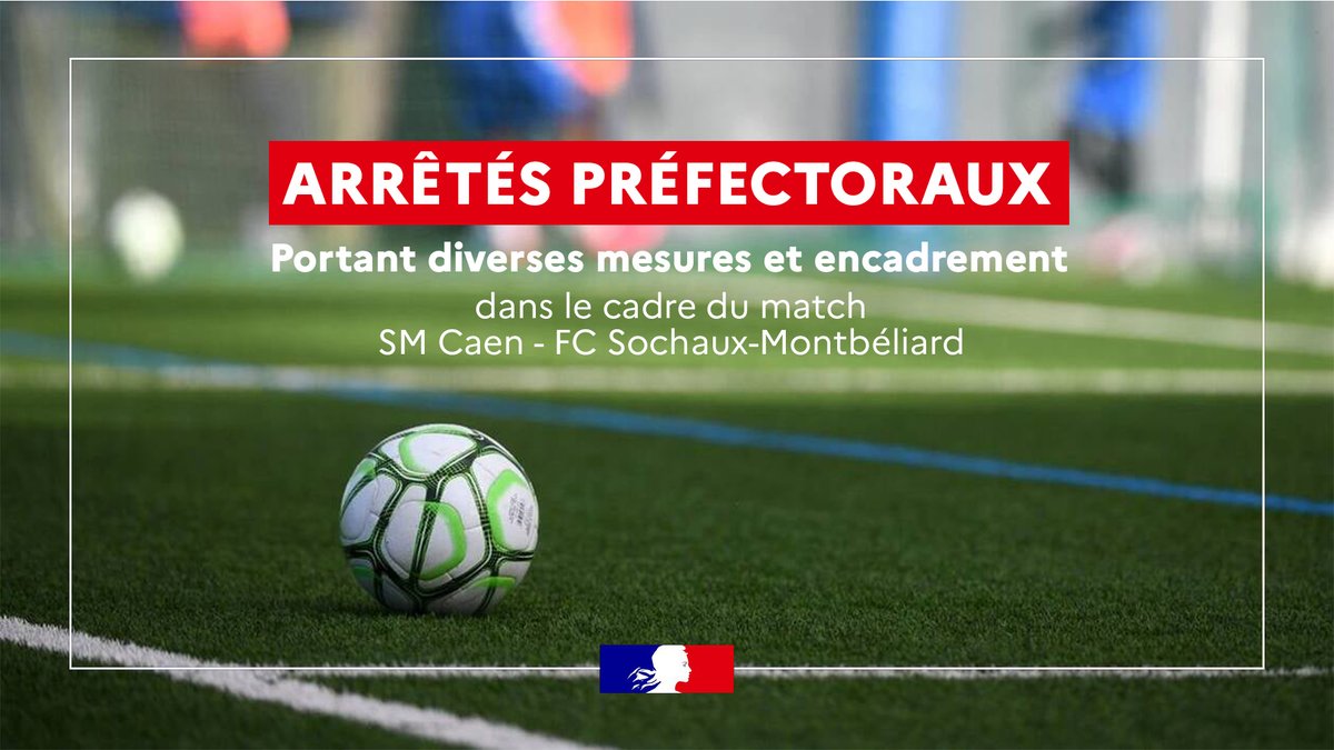 ⚽ Match SM Caen - FC Sochaux-Montbéliard | Arrêtés préfectoraux
 
🚨 À l’occasion du match qui se tiendra demain soir, vendredi 20 février, au stade d’Ornano à #Caen, le préfet a pris trois arrêtés portant sur :

🔹 l'interdiction de circuler : toute personne se prévalant de la
