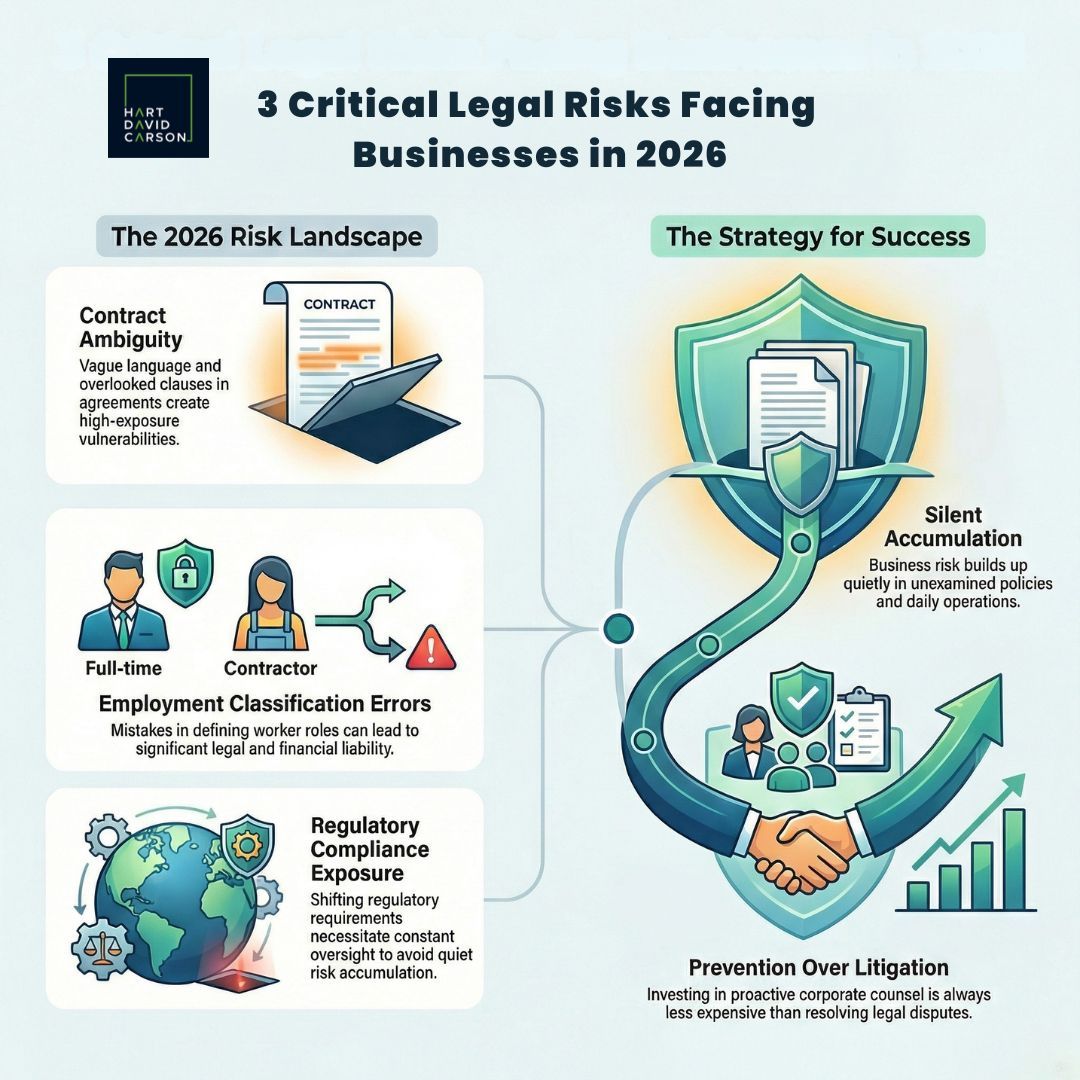 In 2026, the most costly legal problems for businesses won’t announce themselves — they build quietly in contracts, policies, and overlooked clauses.
1️⃣ Contract ambiguity – unclear terms can trigger disputes.
2️⃣ Employment classification errors – misclassification leads to