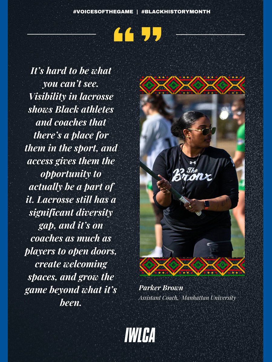 IWLCA's tweet image. 💭🗣️ VOICES OF THE GAME:

@ManhattanWLax Assistant Coach Parker Brown reminds us all that "It's hard to be what you can't see." #makinghermark

Thank you for sharing Coach Brown!

#blackhistorymonth❤️🖤💚 #representationmatters #lacrossecommunity #voicesofthegame