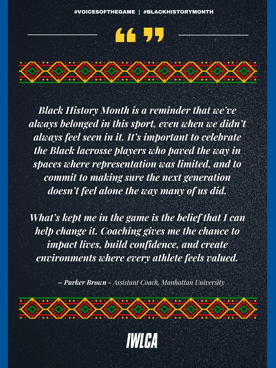IWLCA's tweet image. 💭🗣️ VOICES OF THE GAME:

@ManhattanWLax Assistant Coach Parker Brown reminds us all that "It's hard to be what you can't see." #makinghermark

Thank you for sharing Coach Brown!

#blackhistorymonth❤️🖤💚 #representationmatters #lacrossecommunity #voicesofthegame