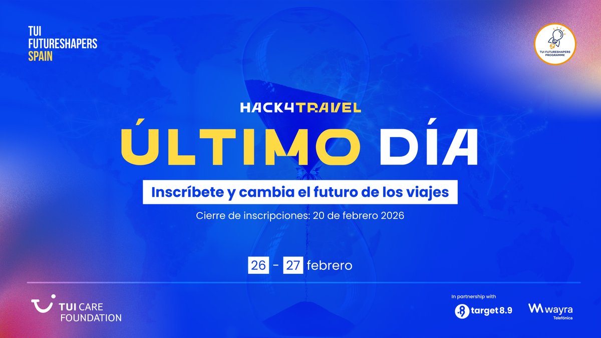 ⏰ Último día para inscribirte en #Hack4Travel
Mañana, 20 de febrero, se cierra el plazo para participar en el hackathon de travel-tech organizado por TUI FutureShapers junto a Wayra y Target 8.9.

👉 Inscríbete aquí: wayra.com/tui-futureshap…