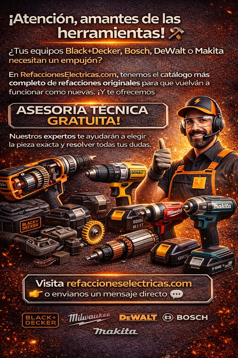 RefaElectrica's tweet photo. 🛠️ ¿Tu herramienta necesita refacción?

Encuentra piezas originales para Black+Decker, Bosch, DeWalt, Makita y más en https://t.co/Of0qpCrpin ⚡

✅ Catálogo completo
✅ Asesoría técnica GRATUITA
👉 Visítanos o envíanos mensaje y vuelve a poner tus proyectos en marcha. 💪 https://t.co/rpPQj04Oye