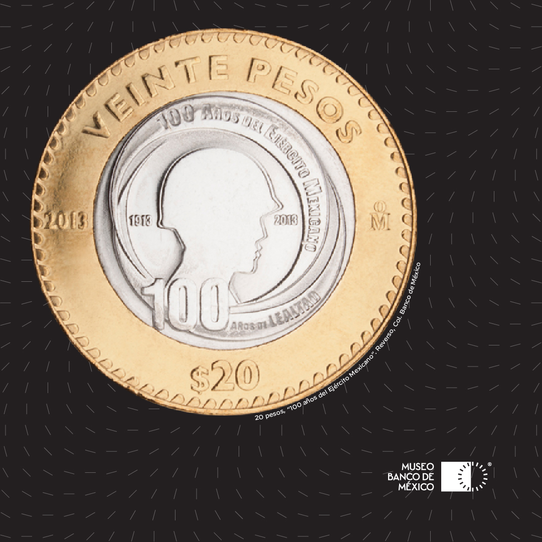 #MiraLosDetalles de esta moneda conmemorativa de 20 pesos.  
Al centro del campo del reverso aparece la silueta de un busto de soldado de perfil con casco, flanqueado por los años 1913 y 2013; con la leyenda 100 años del Ejército Mexicano".  
#MuseoBancoDeMéxico