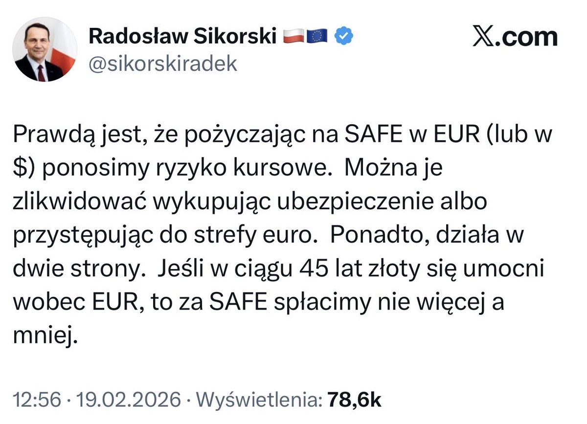 Dziękuję szefowi ⁦<a href="/MSZ_RP/">Ministerstwo Spraw Zagranicznych RP 🇵🇱</a>⁩ za ten wpis! Ktoś mógłby pomyśleć teraz, że droga do porzucenia przez Polskę własnej waluty (a więc ważnej części suwerenności) wiedzie przez zadłużenie w SAFE. 

To b. ważny głos w debacie!