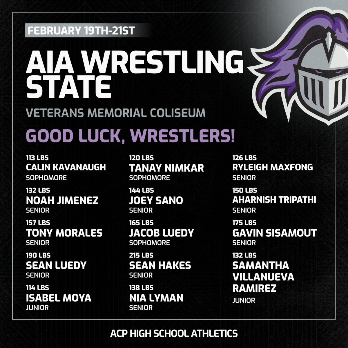 ACPAthletics's tweet photo. Good luck to our wrestlers competing at the AIA! Wrestling State Championships. Your hard work, grit, and dedication brought you here. Now go finish strong! Proud of every match, every takedown, every moment. Let’s make it count! #AIAState #RoadToState @cusdathletics https://t.co/WylGYEYl0r