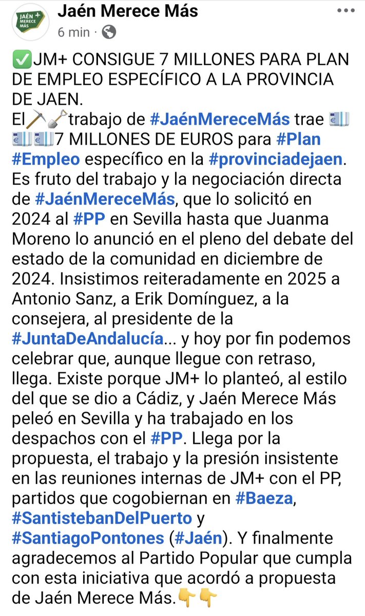 JaenMereceMas's tweet image. ✅️#JaénMereceMás CONSIGUE 💶💶 7 millones de euros para #Plan de #Empleo específico para la #provinciadejaen. Propuesto en 2024 al #PP en Sevilla y trabajado ⛏️🪏 con perseverancia para #Jaén.👇
jaenmerecemas.es/jaen-merece-ma…