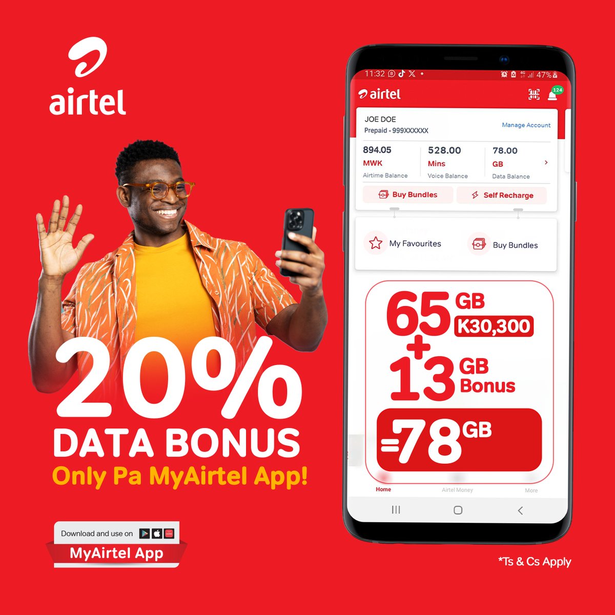 AirtelMalawiPlc's tweet photo. 13GB EXTRA. Just like that. ๐ฅ
Buy the 65GB Monthly MoFaya bundle on MyAirtel App and get a 13GB bonus.
More power for your everyday digital life - on Malawiโs Biggest, Widest & Real 5G network.
Buy now: https://t.co/Fu2rIbHlOX
#MyAirtelApp #MoFaya #TheSmartWay https://t.co/5Fr2lRPGDv