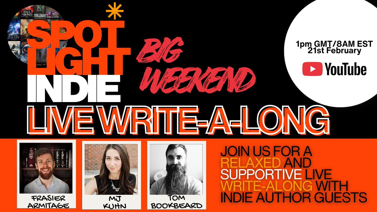 SpotlightIndie_'s tweet photo. ICYMI: We're hosting a live write-a-long this weekend! Join Frasier Armitage and MJ Kuhn (plus guests) for a friendly, no-pressure writing session. Write, chat, ask questions and get help with any sticking points. See you there! #writingcommunity #writingevent #writingadvice https://t.co/SnQ6jQtGCm