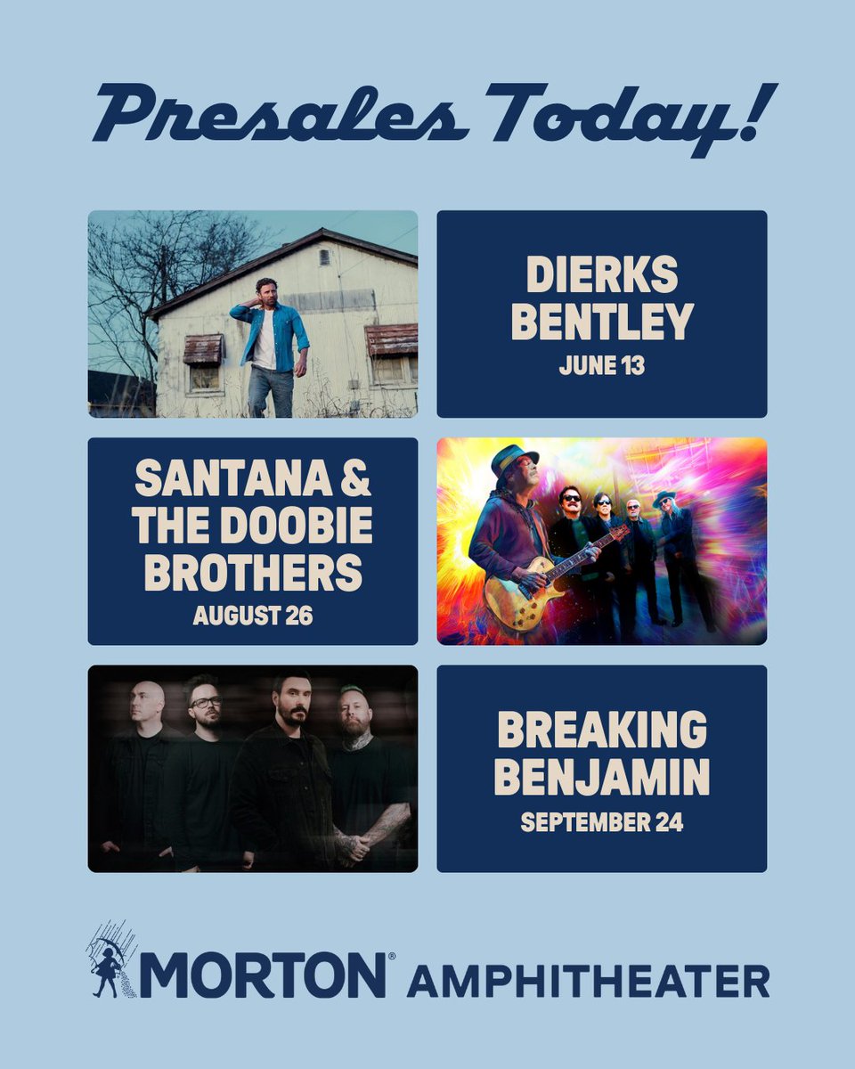 PRESALES ARE LIVE! 🚨 Grab your early access tix NOW at livemu.sc/3MSK5oH

6/13 - Dierks Bentley
8/26 - Santana &amp; The Doobie Brothers
9/24 - Breaking Benjamin

A Live Nation All Access membership is required to access presales. No code necessary to unlock your access.