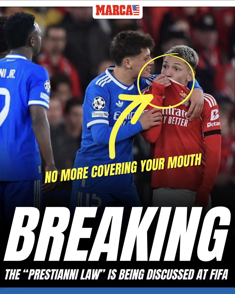 MARCAinENGLISH's tweet photo. 🚨 BREAKING:  FIFA is weighing a new rule: the “Prestianni Law”.

FIFA’s Players’ Committee will discuss punishing players who cover their mouths while trash-talking opponents. 🫢

#UCL #Soccer https://t.co/UMaNbLCXLf