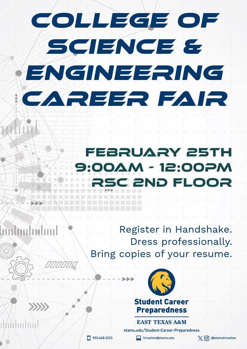 Meet employers and explore STEM careers! CoSE Career Fair is Feb 25, 9–12, RSC 2nd Floor. Register in Handshake and dress professionally.