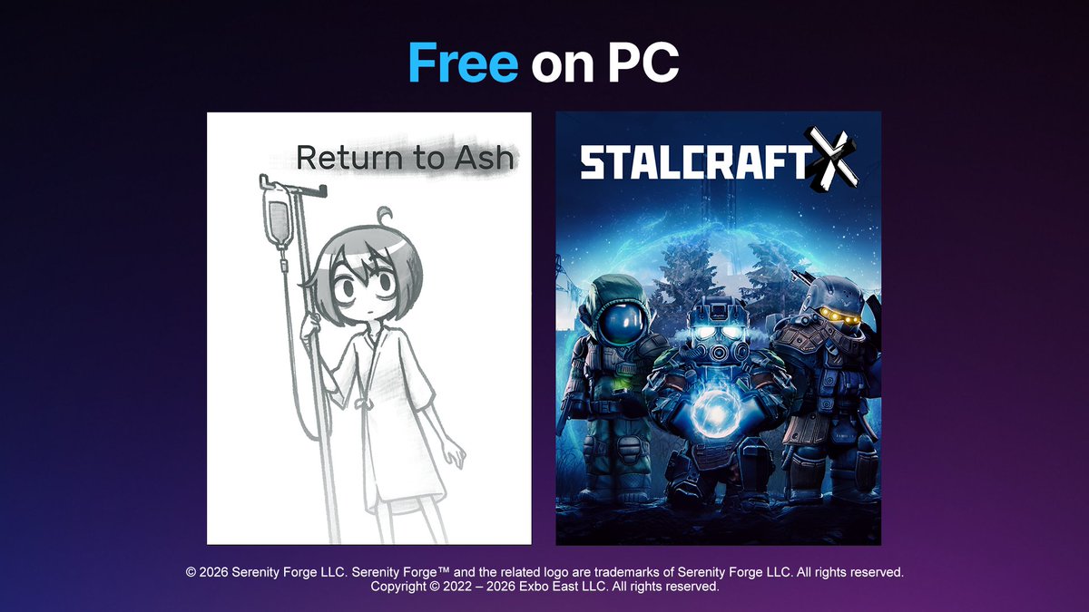 EpicGames's tweet photo. Two free games and two great adventures! Get STALCRAFT: X Starter Edition and Return To Ash for FREE until February 26. https://t.co/mqSSRozzVT @STALCRAFT_ENG @SerenityForge https://t.co/CHQFStyvJ3