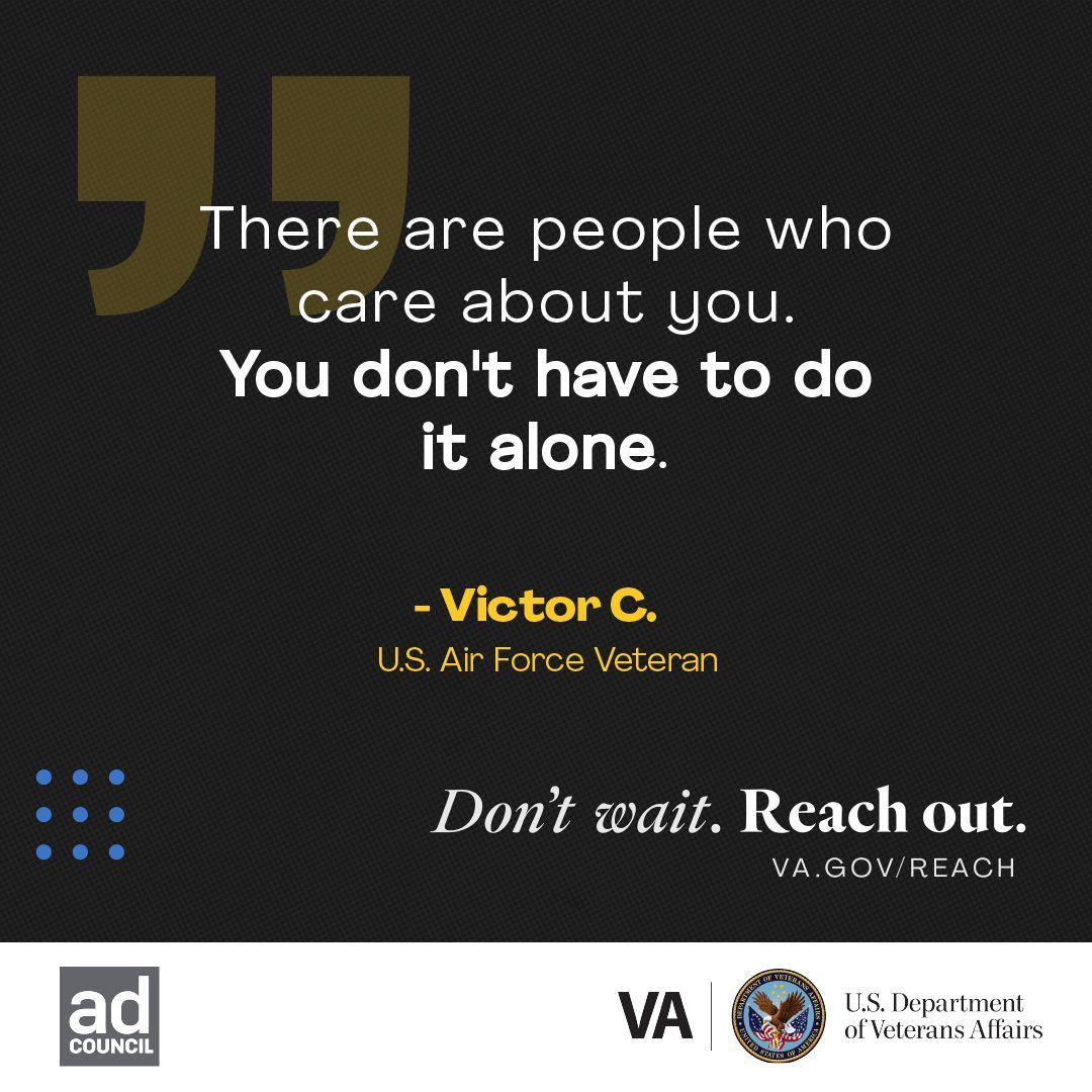 MyVeteran's tweet photo. "You don't have to do it alone." 🤝

Victor C., a U.S. Air Force Veteran, speaks a powerful truth. There are always people who care, ready to help you through your toughest moments. Sometimes the hardest step is reaching out, but you are never alone in this journey.

Help is always within reach. Don't wait. Reach out today at https://t.co/wy23KbW68z.

#Veterans #Support #YouAreNotAlone #MentalHealthMatters #HealingTogether #ReachOut