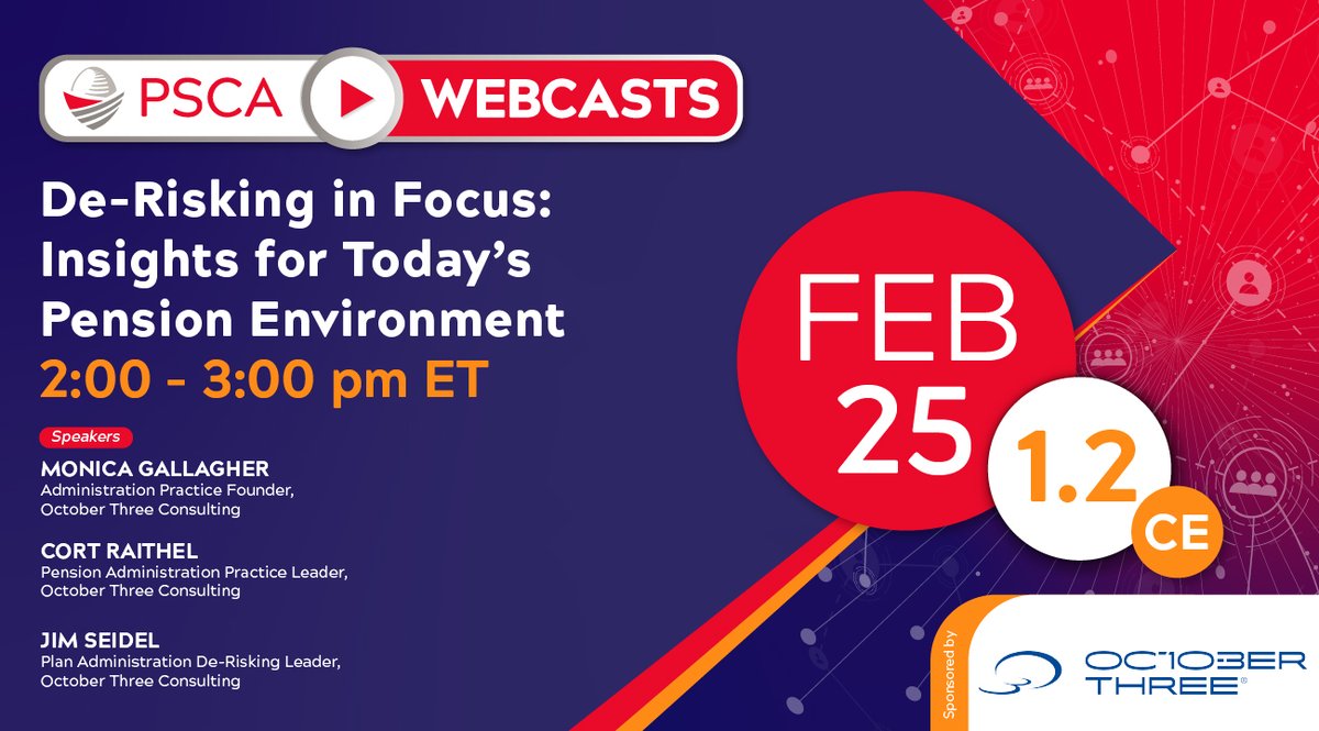 PSCA401k's tweet image. Plan sponsors are taking different approaches to de-risking. Join our webcast next week to see recent sponsor activity, emerging trends, and lessons you can apply to your own plan. 

Register today: psca.org/events/webcast…

 #PensionPlans #PlanSponsors #RetirementPlanning
