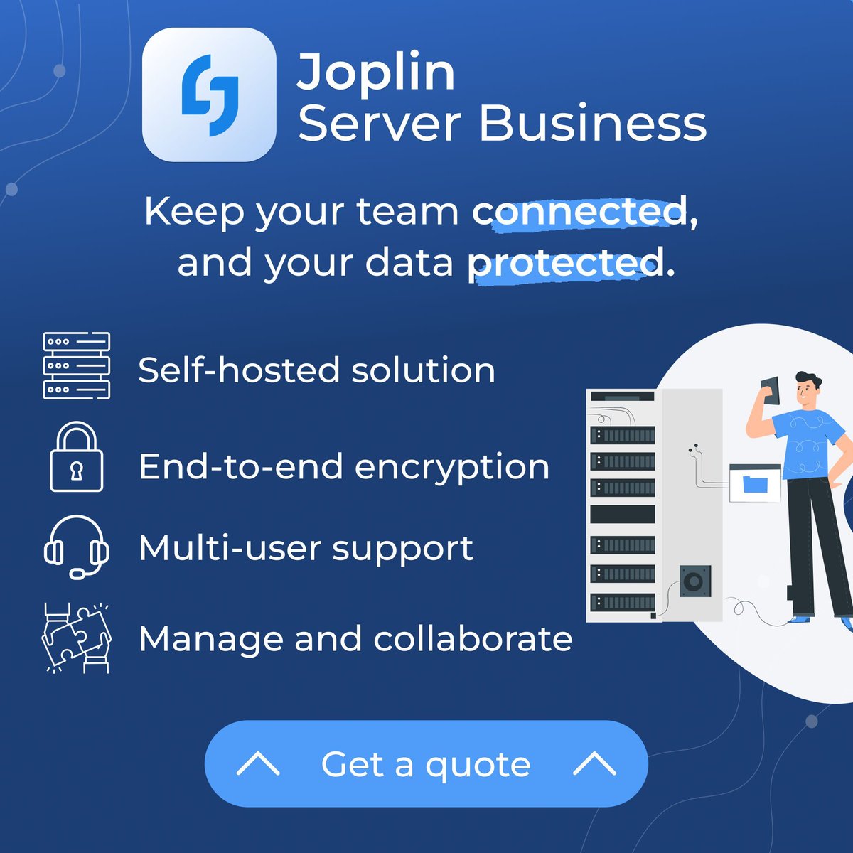joplinapp's tweet photo. 🔒 Looking for a secure, collaborative note-taking solution for your team?  
🌐 Joplin Server Business lets you self-host your own sync server — giving your company full control over your data and how your team collaborates.  
👉 https://t.co/GfwD6JCP9a https://t.co/EJg5GMtm19