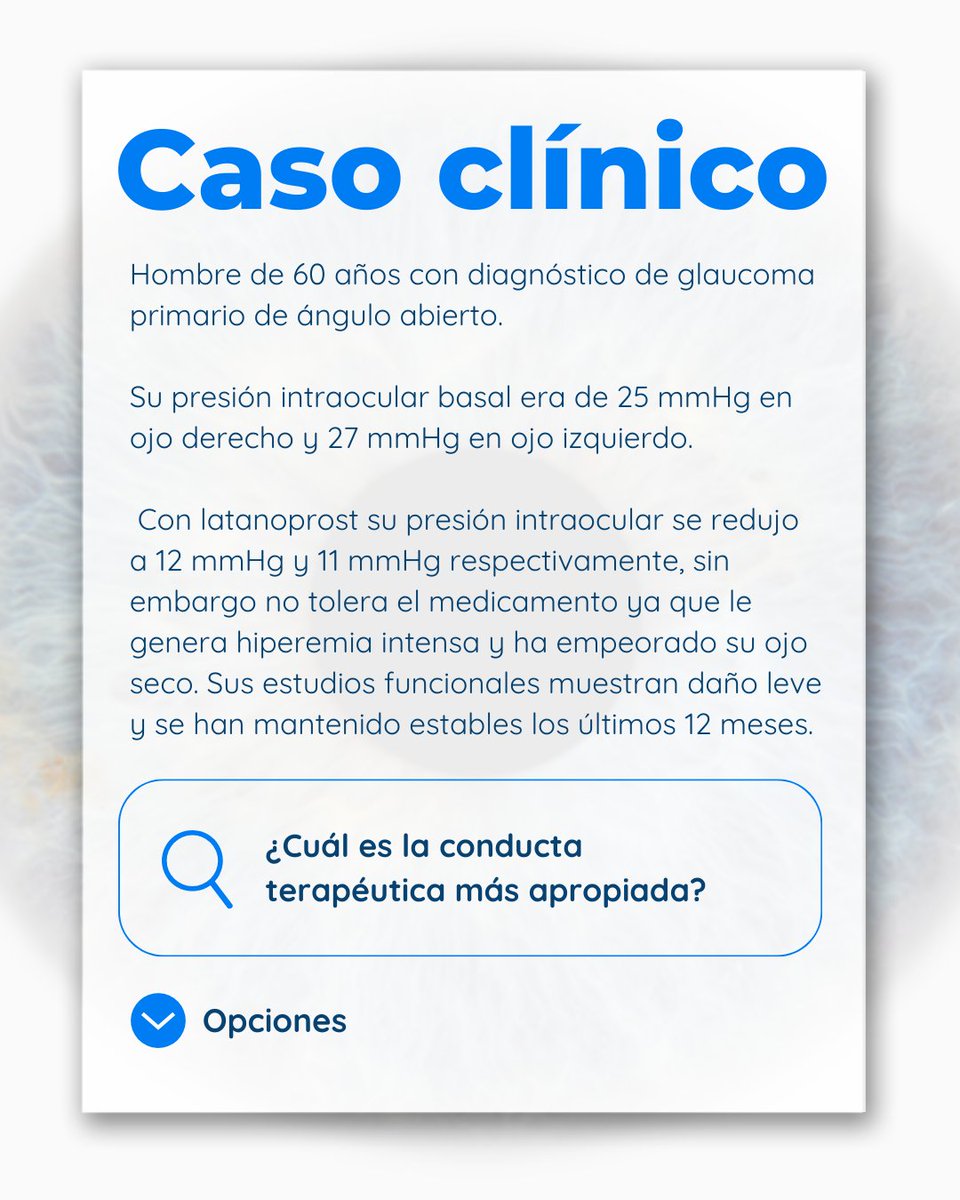 RetoOftalmo's tweet photo. ¿Cuál es la conducta terapéutica más apropiada?        
a) Trabeculotomía excisional ab interno        
b) Válvula de Ahmed        
c) Implante de Baerveldt 350        
d) Trabeculectomía con mitomicina c

Responde en los comentarios 👇👇
#RetoOftalmología https://t.co/TpG3YuM8VA