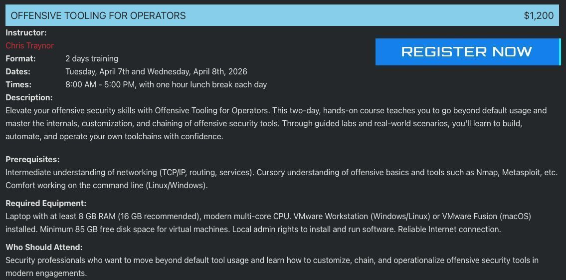 REPOST!

Go beyond default usage &amp; master the internals, customization, &amp; chaining of offensive security tools through guided labs &amp; real-world scenarios w/ <a href="/cstraynor/">Chris Traynor</a>

 learn to build, automate, and operate your own toolchains with confidence

kernelcon.org/training#offen…