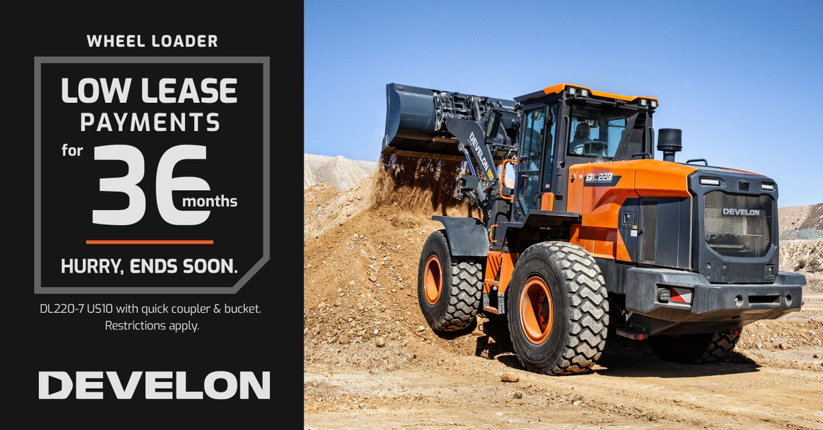 Lease a DEVELON DL220-7 US10 wheel loader with quick coupler and bucket for 36 months for just $2,637/mo. on a 1,000-hour annual lease.

Contact us at +1 519-826-0550