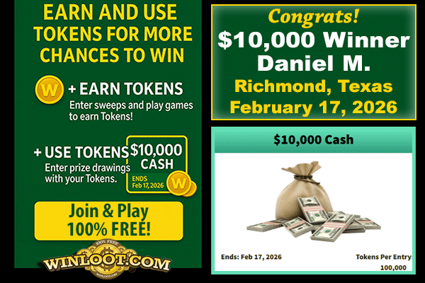 🏆We have a #Winner! 🥳Big congrats to Daniel M. of Richmond, Texas, on #winning the $10,000 Cash Prize drawing by entering his Winloot tokens!💸

✔️Play Winloot: ow.ly/bTg950YhH67
✔️Earn Tokens!
✔️Enter to #win prizes!
💯100% FREE!🆓