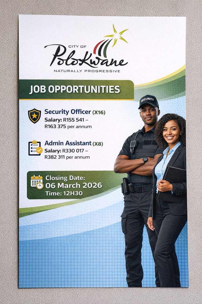 RMakukuli's tweet photo. 🚨 JOB OPPORTUNITIES | POLOKWANE MUNICIPALITY

Polokwane Municipality is inviting interested and suitably qualified candidates to apply for the following positions:

🔹 Security Officer (X16)
💰 Salary: R155 541 – R163 375 per annum (excluding benefits)

🔹 Admin Assistant (X8)
💰 Salary: R330 017 – R382 311 per annum (excluding benefits)

📌 Minimum Requirements:

🔐 Security Officer
✔️ Grade 12
✔️ Security training certificate with Grade C PSIRA registration
✔️ Firearm competency certificate

🗂 Admin Assistant
✔️ Grade 12
✔️ National Diploma in Office Administration / Public Management or equivalent qualification
✔️ Computer literacy

These positions offer competitive salary packages, employee benefits, and the opportunity to build a career in local government across various Municipal Business Units.

🗓 Closing Date: 06 March 2026
⏰ Time: 12H30

📄 How to Apply:
https://t.co/4Cd8Ba2UX6

🔁 Please share — this opportunity could help many job seekers gain employment.
📲 Follow Aramide Careers SA for verified government, EPWP & job opportunities across South Africa 🇿🇦