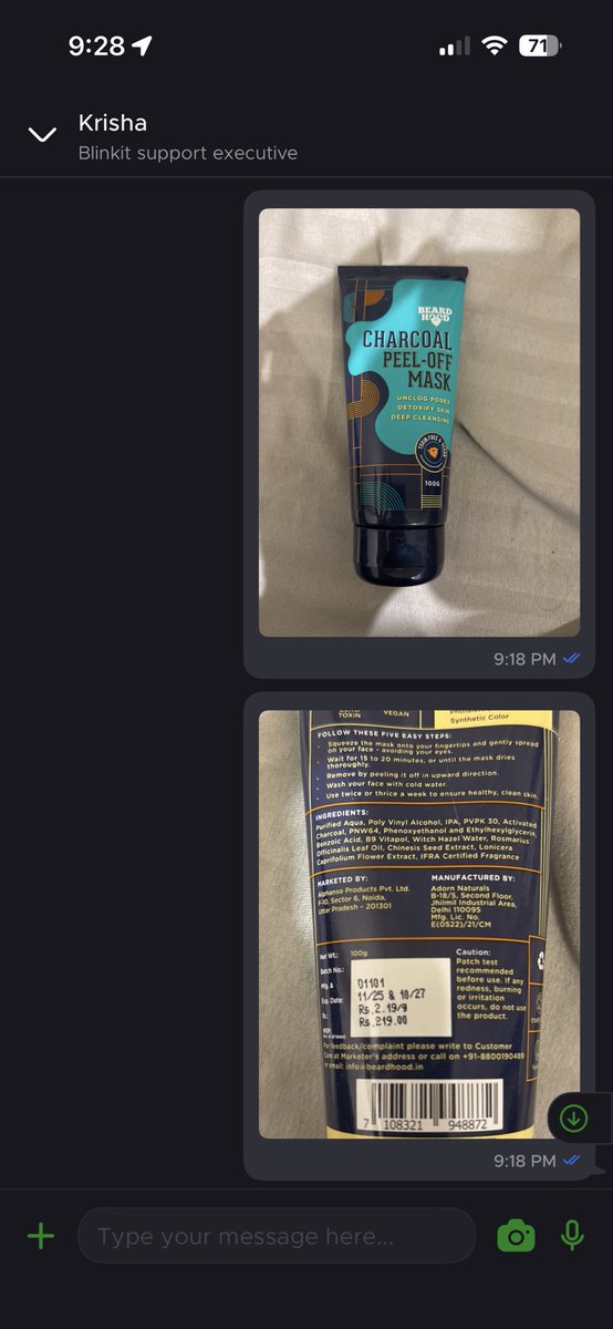 KushalP3902's tweet photo. Was looking for a charcoal face mask on @letsblinkit, the brand that appears in the top tile @beardhoodsocial dispatched a subpar product to me, which is not in usable condition
PFA pathetic customer service of @letsblinkit @zomato @deepigoyal @albinder @jagograhakjago #fraud https://t.co/siwq2XpLgp