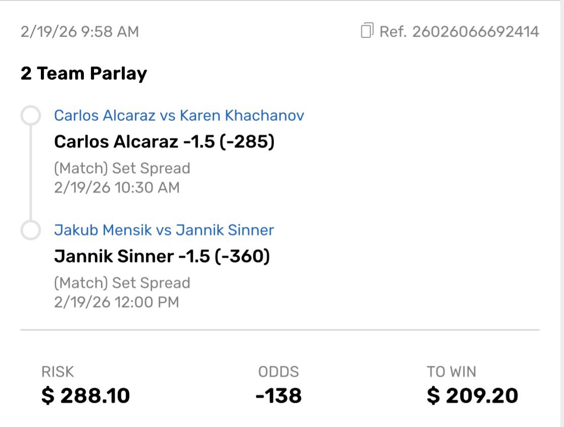 🚨TENNIS POTD 🚨 If my play hits, I’ll send $20 via #Cashapp to one lucky person who likes and retweets this tweet! 🔥 Must be following <a href="/BreakPointLocks/">BreakPoint🎾</a> to enter. Let’s Cash!

🎾 Carlos Alcaraz -1.5 sets 
🎾 Jannik Sinner -1.5 sets

#Bovada #Gambling𝕏 #Tennis #BettingCommunity