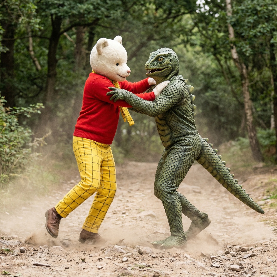 FromtheArchive's tweet image. Alternate Universe Rupert Bear. That time when Rupert Bear fought a Reptiod. #ATV #ITC #JudyBennett #ITV #MaryTurner