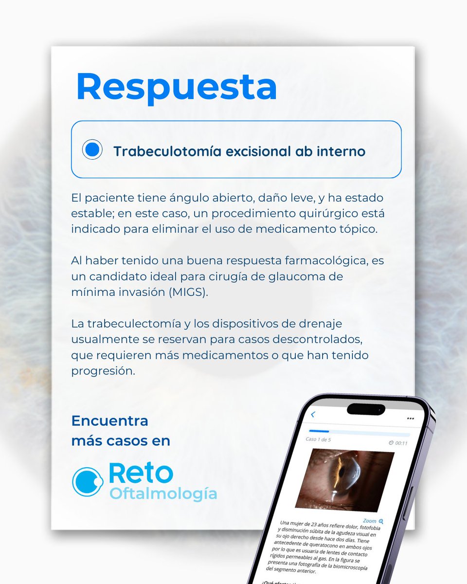 ¿Cuál es la conducta terapéutica más apropiada?        
a) Trabeculotomía excisional ab interno        
b) Válvula de Ahmed        
c) Implante de Baerveldt 350        
d) Trabeculectomía con mitomicina c

Responde en los comentarios 👇👇
#RetoOftalmología