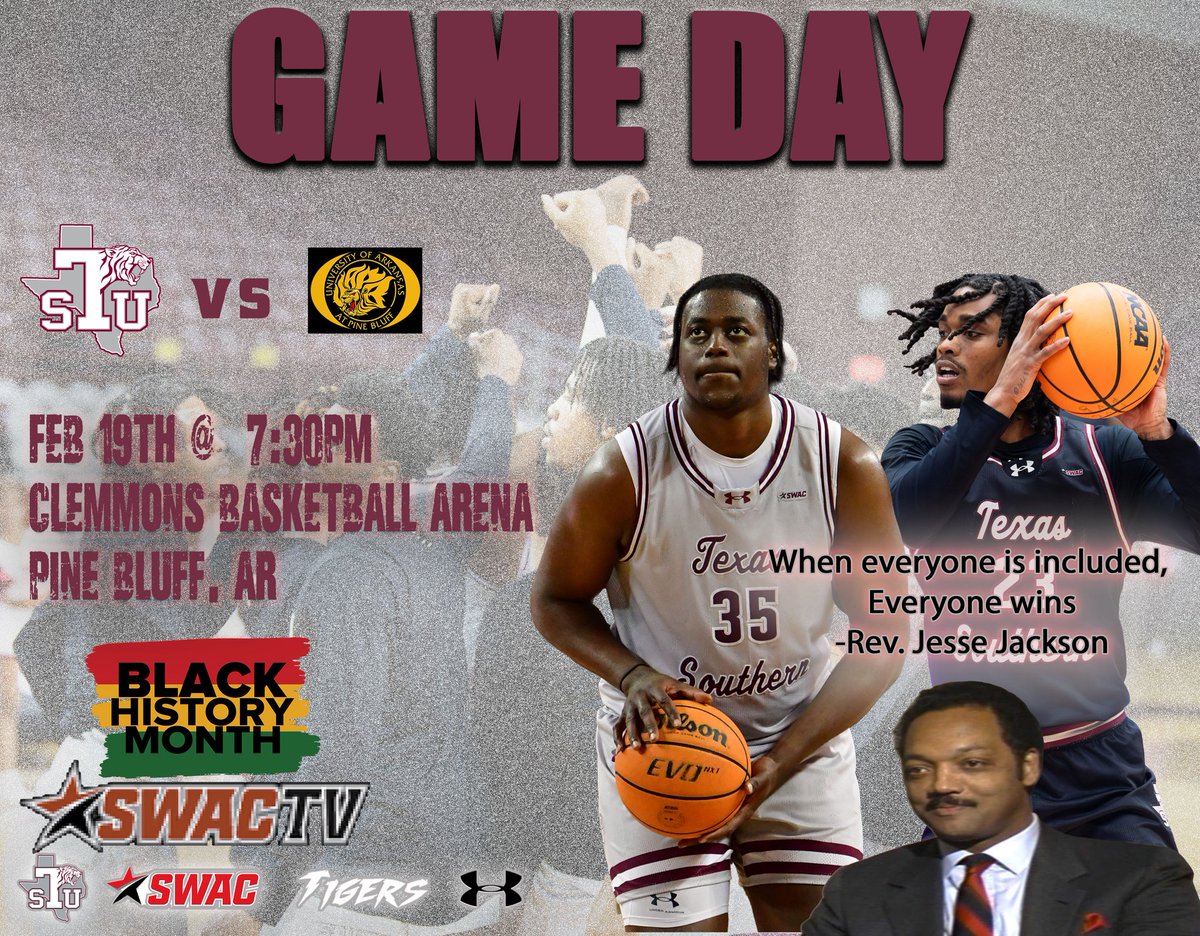 TSUMensHoops's tweet photo. GAME DAY IN PINE BLUFF🏀 
BLACK HISTORY MONTH

🆚 Arkanasas-Pine Bluff Golden Lions
📍 Hubert O. Clemmons Basketball Arena
⏰ 7:30pm 
🖥 SWAC TV --- https://t.co/06UnC8LWfI

#TSUProud #TexasSouthernBasketball
#Gotigers #Swac #Swacbasketball #BeLegendary https://t.co/aU4PQ5vNoT