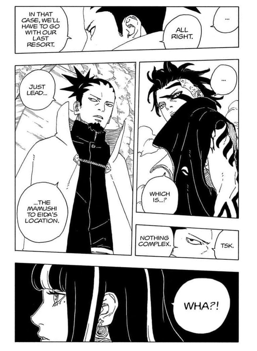 So we’re seeing eida, daemon and Kawaki in the upcoming chapters. That’s really good, I wonder how eida will react to be being bait in the long run.