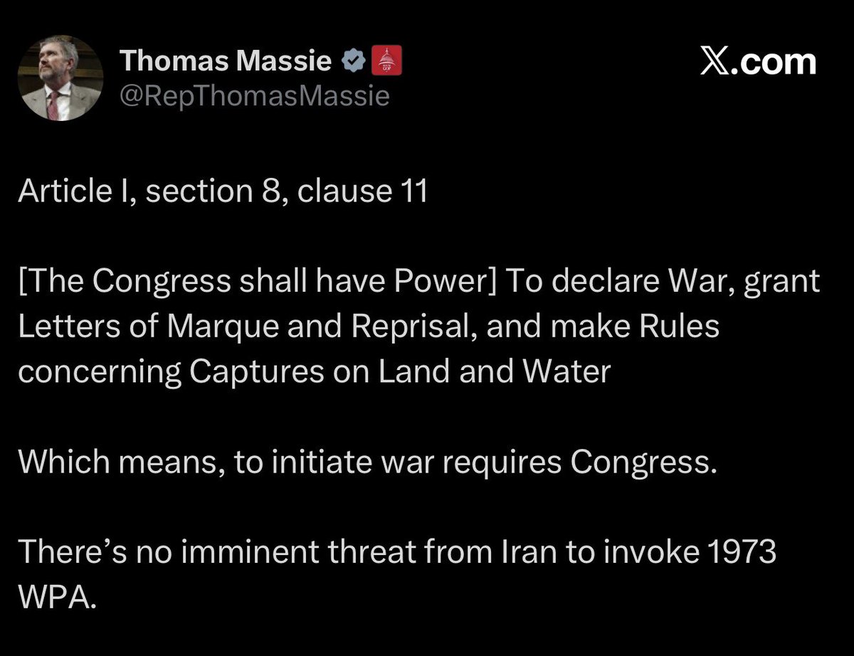 Thomas...you quivering libertarian fucking pussy...

You keep bleating Article I, Section 8 like a broken record, pretending Congress has to vote before the President can drop a single bomb on Iran’s nuclear facilities or their proxy terrorists. 

That’s not principle, that’s