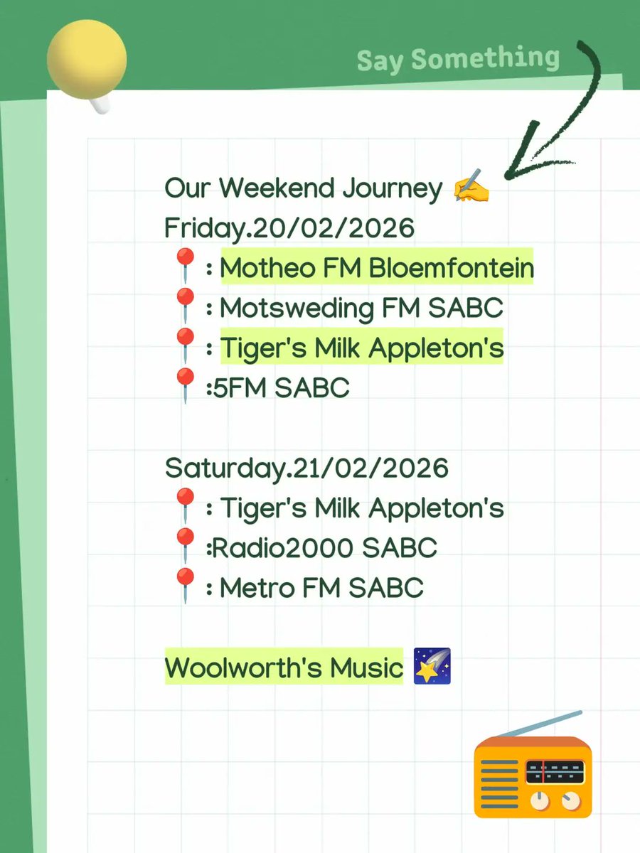 DeepEvolutions1's tweet photo. Our Weekend Gig Guide ✍️ 
@5FM 
@Radio2000_ZA 
@METROFMSA 
@motswedingfm 
@motheofm_885 
@TigersMilkZA 

Woolworth's Music Speak 's This Weekend ✍️ https://t.co/ozT3motIOG