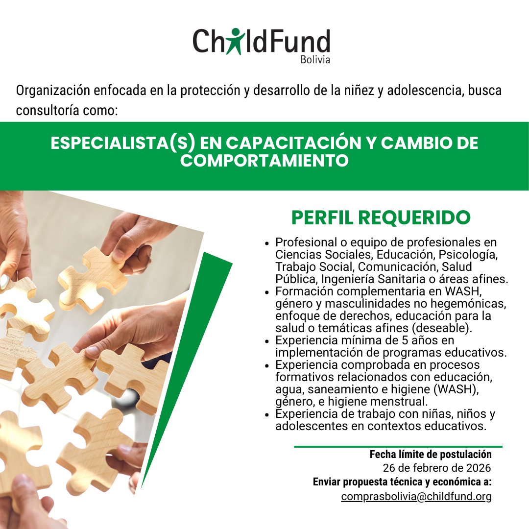 ChildFundBo's tweet photo. ¡Únete a nuestro equipo en ChildFund Bolivia! 🇧🇴✨
Detalles de la postulación:
📅 Fecha límite: 26 de febrero de 2026.
📂Descarga los TDR's en: https://t.co/W5fHMDpyme
📩 Envío de propuestas: Envía tu propuesta técnica y económica a comprasbolivia@childfund.org. https://t.co/v86vY1o26d
