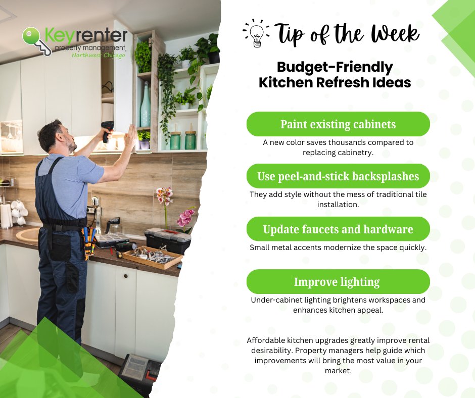 KeyrenterNWC's tweet photo. Big kitchen upgrade. Small budget.

Paint cabinets. Swap hardware. Add a backsplash. Improve lighting.

Simple changes = stronger rental appeal + better ROI.

📧 info@keyrenternorthwestchicago.com
📞 847-407-1212

#KeyrenterNorthwestChicago #PropertyManagement @KeyrenterNWC https://t.co/8IjtePhHCx